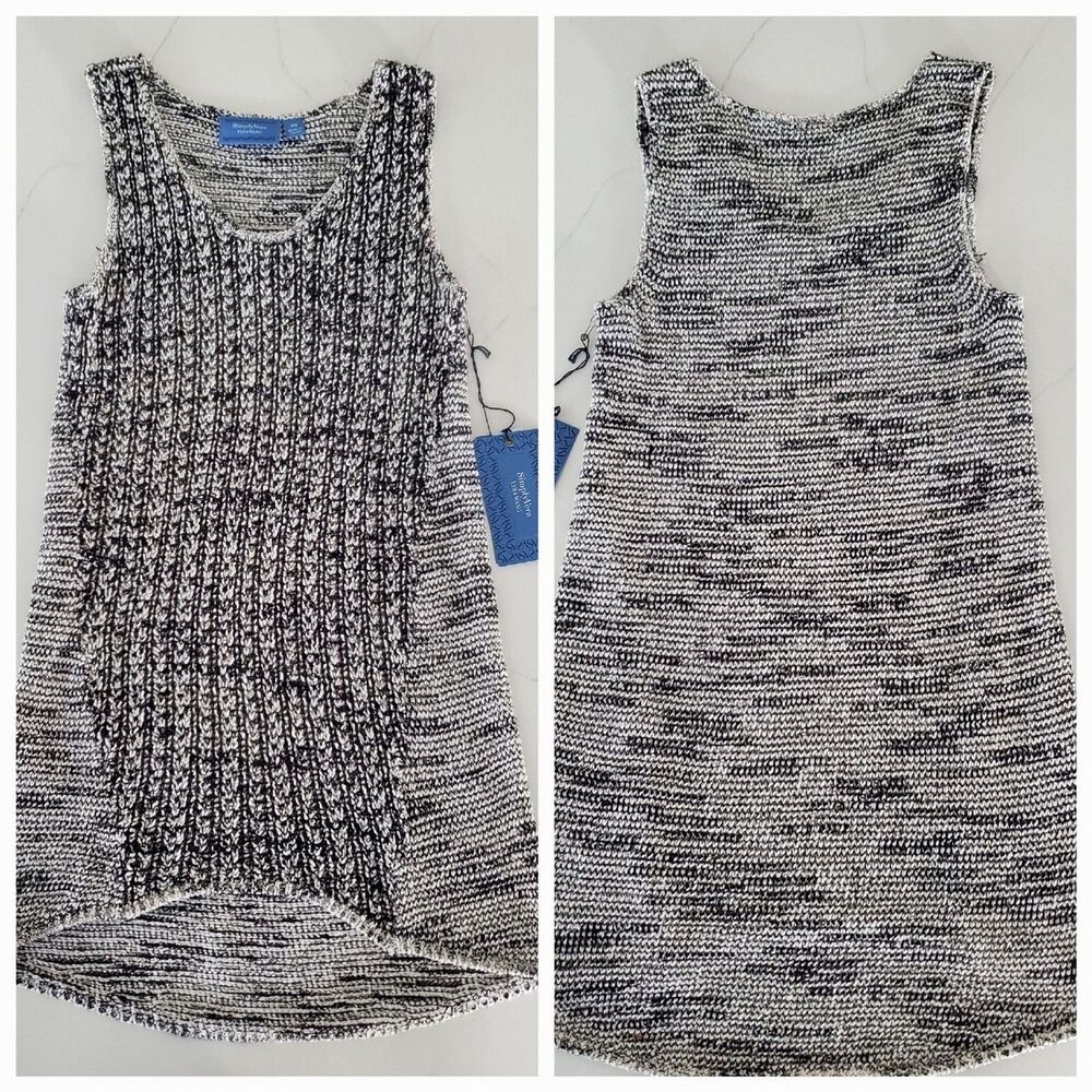 NWT Simply Vera Wang Women's Top XS Black White Sleeveless Knit Tunic Crochet